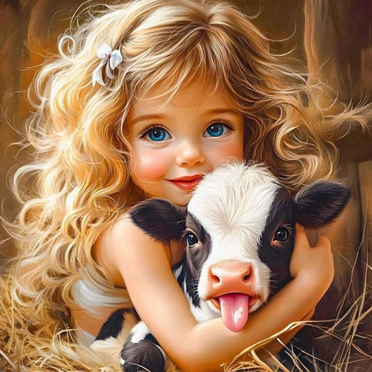 Girl And Cow - Full Round Drill Diamond Painting 40*40CM