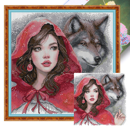 Red-Dressed Girl And The Big Bad Wolf - 11CT Stamped Cross Stitch 46*45CM(Joy Sunday)