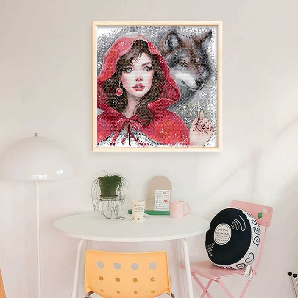 Red-Dressed Girl And The Big Bad Wolf - 11CT Stamped Cross Stitch 46*45CM(Joy Sunday)