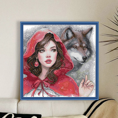 Red-Dressed Girl And The Big Bad Wolf - 11CT Stamped Cross Stitch 46*45CM(Joy Sunday)