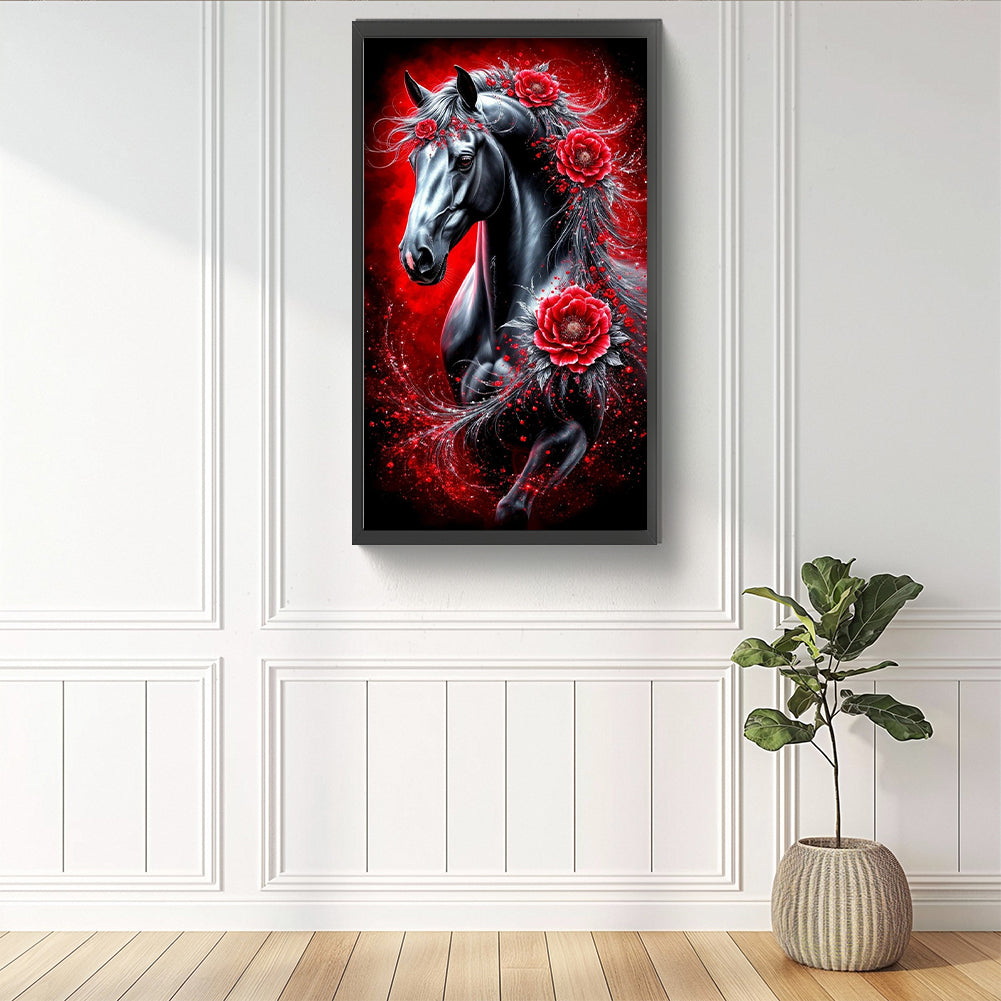 Horse And Red Rose - Full Round Drill Diamond Painting 40*70CM