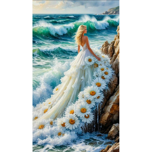 Girl In Flower Skirt On Seaside - Full Round Drill Diamond Painting 40*70CM