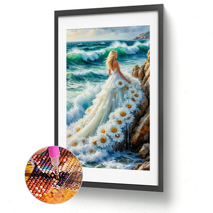 Girl In Flower Skirt On Seaside - Full Round Drill Diamond Painting 40*70CM