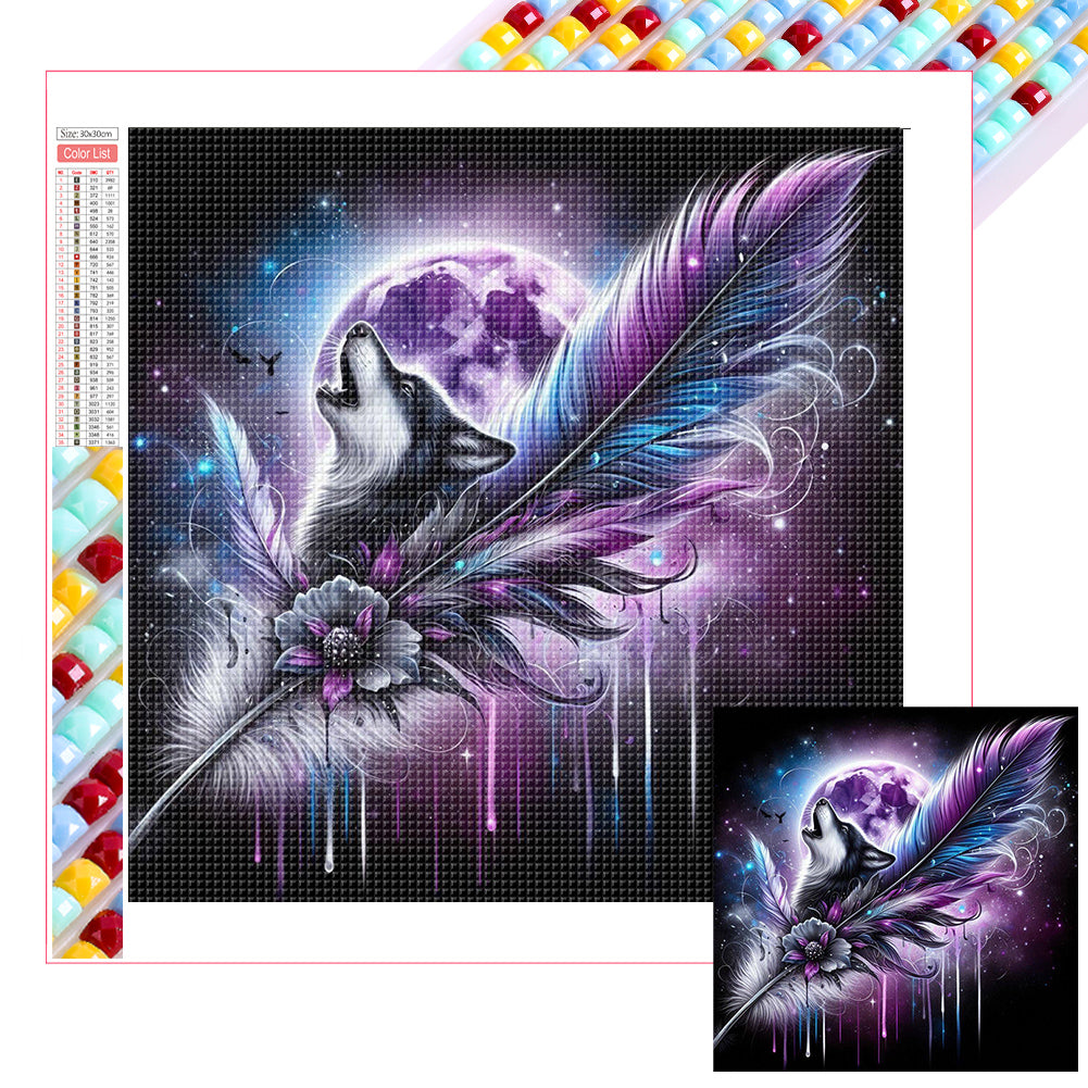 Feather Moonlit Wolf - Full Square Drill Diamond Painting 30*30CM