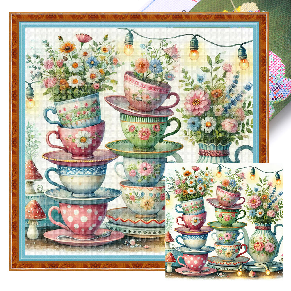 Tea Cup And Vase - 11CT Stamped Cross Stitch 45*45CM