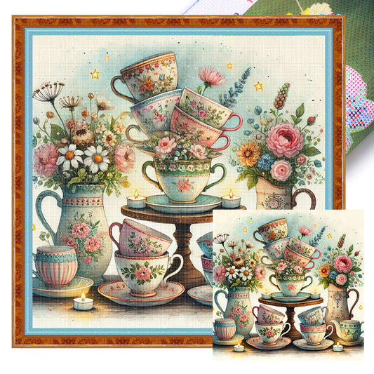 Tea Cup And Vase On The Table - 11CT Stamped Cross Stitch 45*45CM