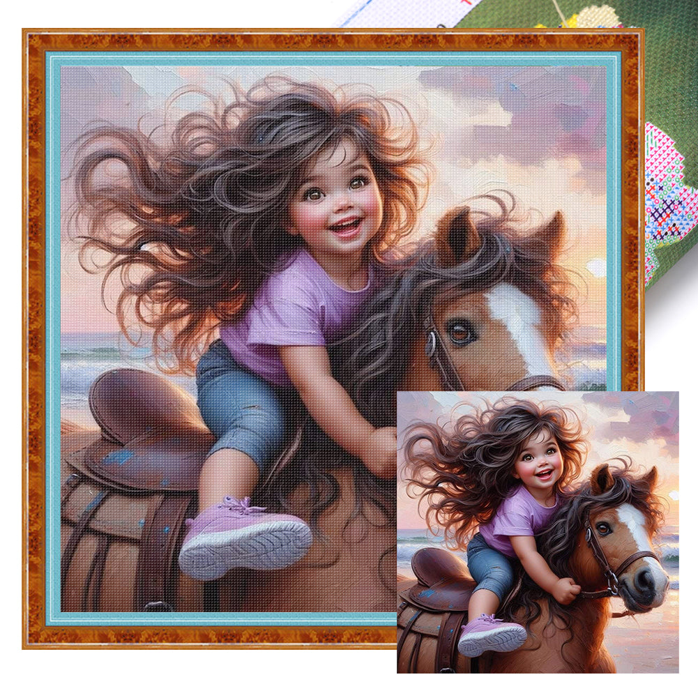 Girl Riding A Horse - 11CT Stamped Cross Stitch 40*40CM