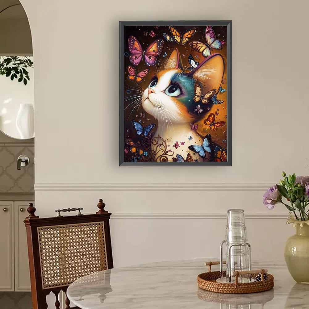 Cat Butterfly - Full Round Drill Diamond Painting 30*40CM