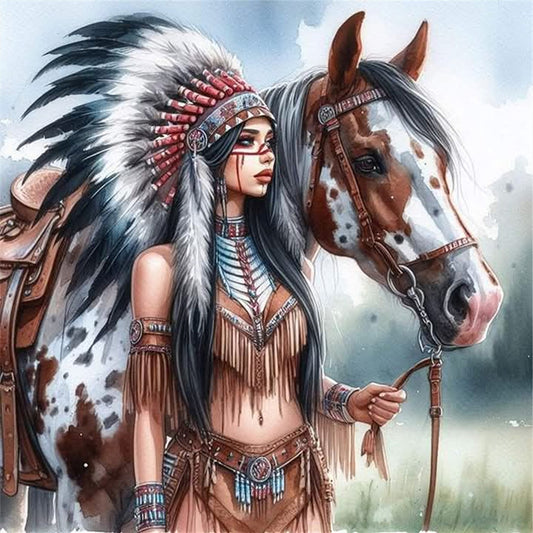 Indian Girl And Horse - 11CT Stamped Cross Stitch 45*45CM