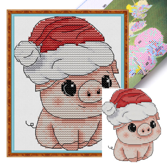 Piggy With Santa Hat - 11CT Stamped Cross Stitch 16*20CM(Joy Sunday)