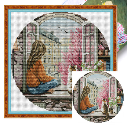 Spring Window-Girl - 14CT Stamped Cross Stitch 31*31CM(Joy Sunday)