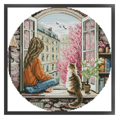Spring Window-Girl - 14CT Stamped Cross Stitch 31*31CM(Joy Sunday)