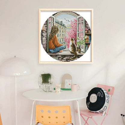 Spring Window-Girl - 14CT Stamped Cross Stitch 31*31CM(Joy Sunday)