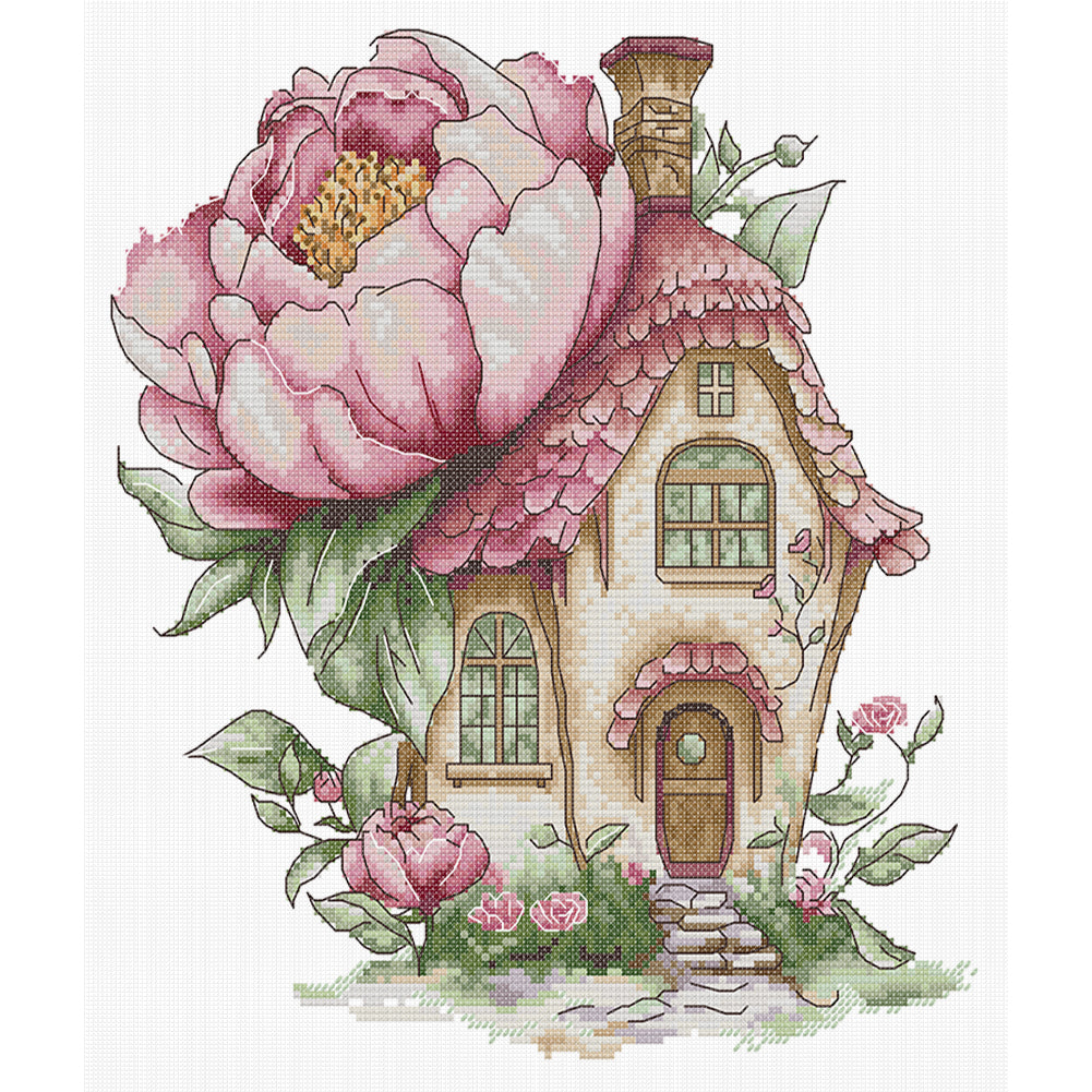 Peony Cottage - 14CT Stamped Cross Stitch 31*33CM(Joy Sunday)
