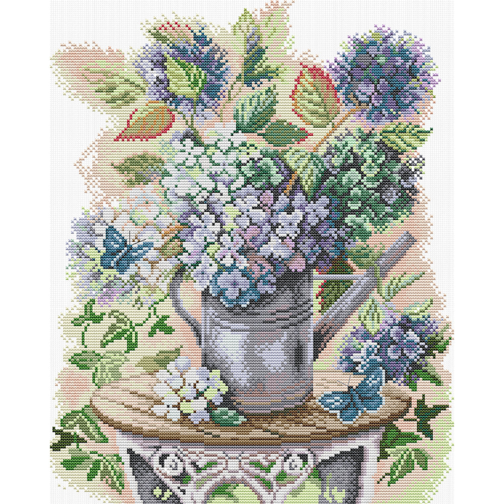 Hydrangea And Butterfly - 14CT Stamped Cross Stitch 35*42CM(Joy Sunday)