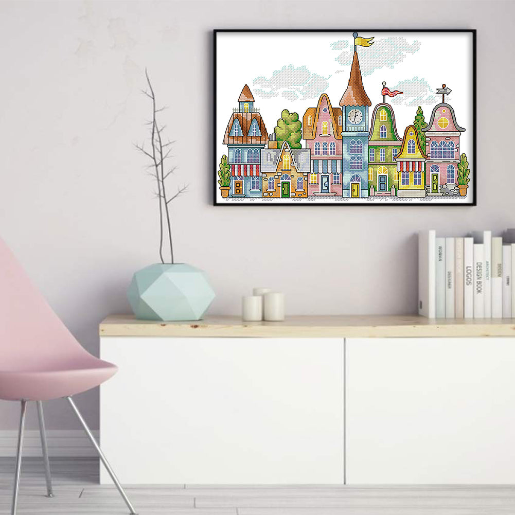 Colorful House - 14CT Stamped Cross Stitch 38*27CM(Joy Sunday)