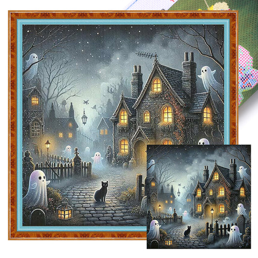 Halloween Black Cat Town - 11CT Stamped Cross Stitch 50*50CM