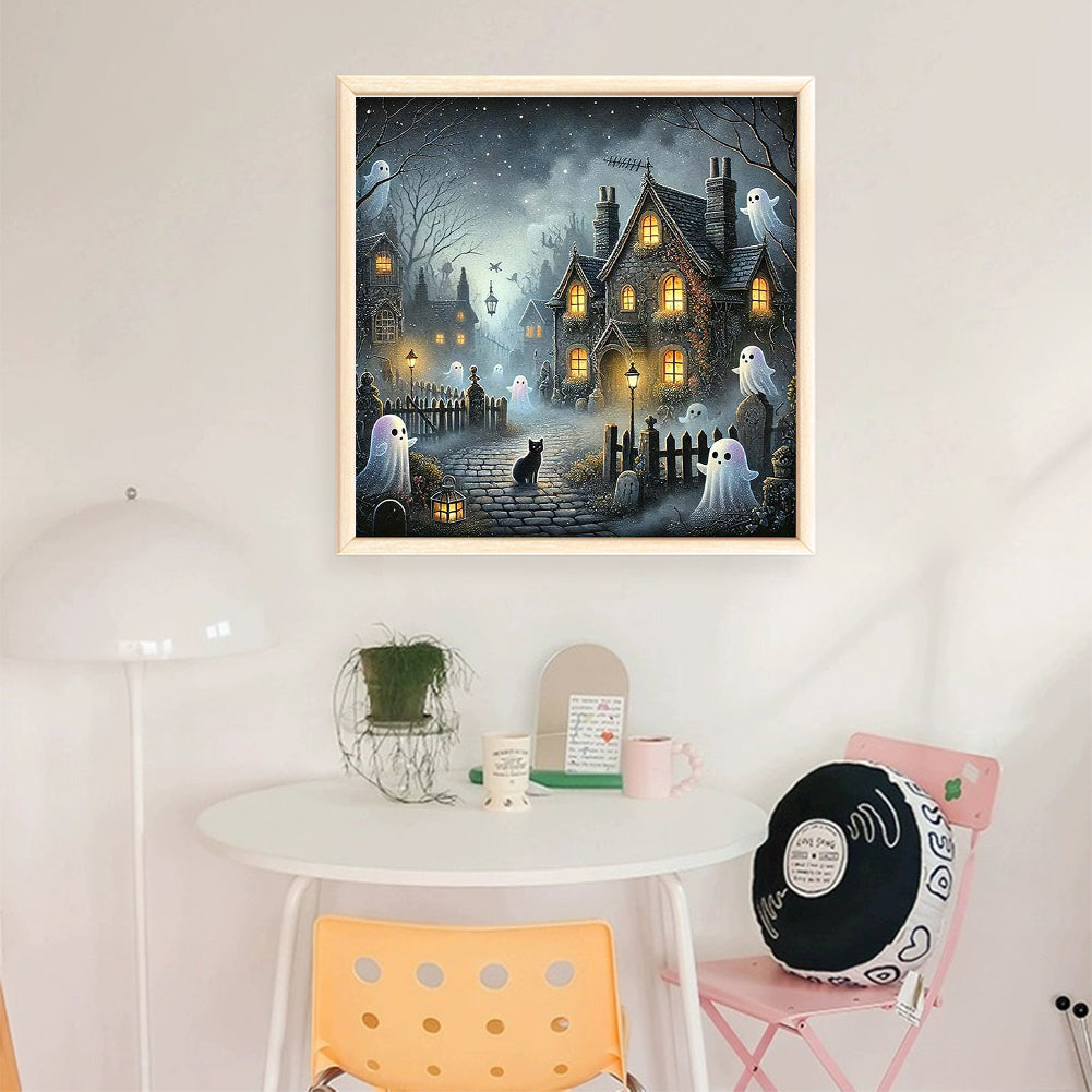 Halloween Black Cat Town - 11CT Stamped Cross Stitch 50*50CM
