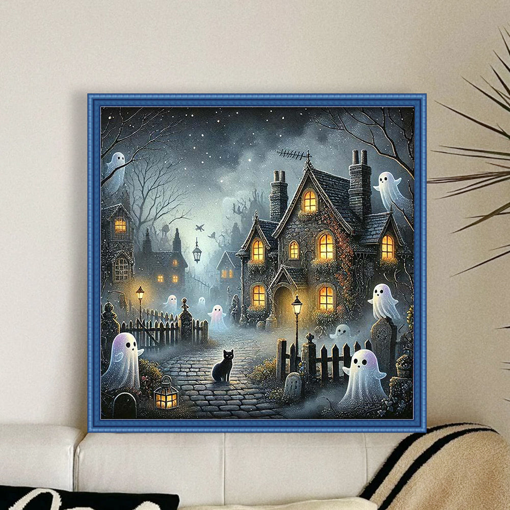 Halloween Black Cat Town - 11CT Stamped Cross Stitch 50*50CM
