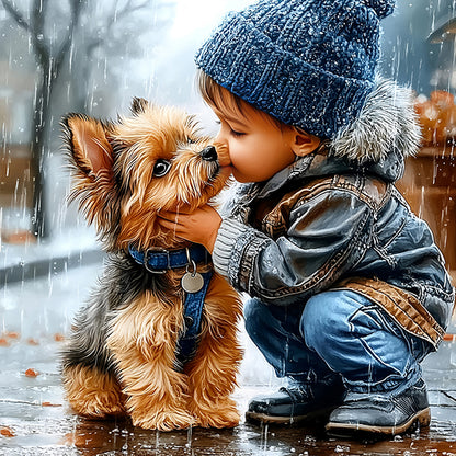 Cute Kid And Puppy - Full Round Drill Diamond Painting 40*40CM