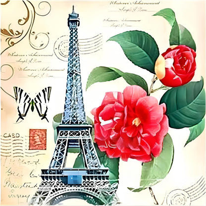 Eiffel Tower And Camellias - Full Round Drill Diamond Painting 30*30CM
