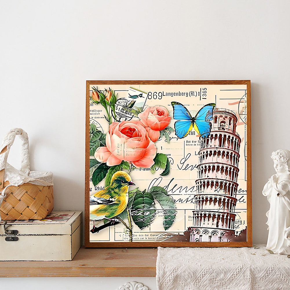 Leaning Tower Of Pisa And Roses - Full Round Drill Diamond Painting 30*30CM