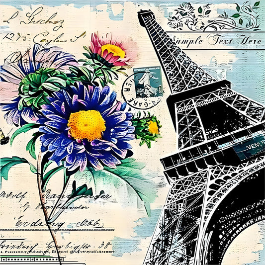 Eiffel Tower And Chrysanthemums - Full Round Drill Diamond Painting 30*30CM