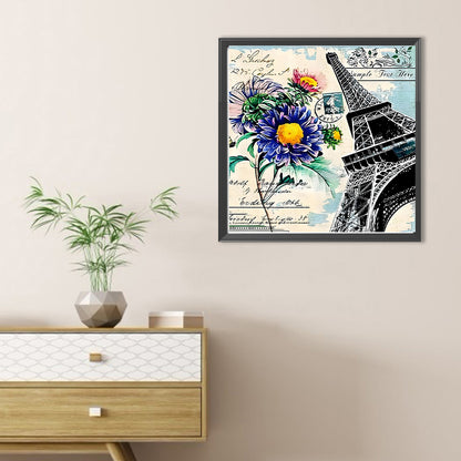Eiffel Tower And Chrysanthemums - Full Round Drill Diamond Painting 30*30CM