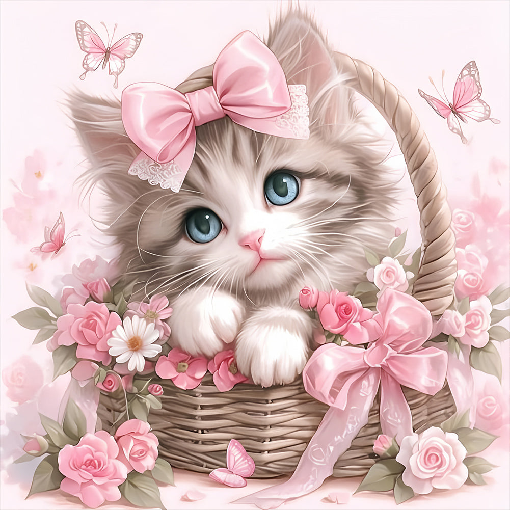 Cute Pink Cat - Full Round Drill Diamond Painting 30*30CM