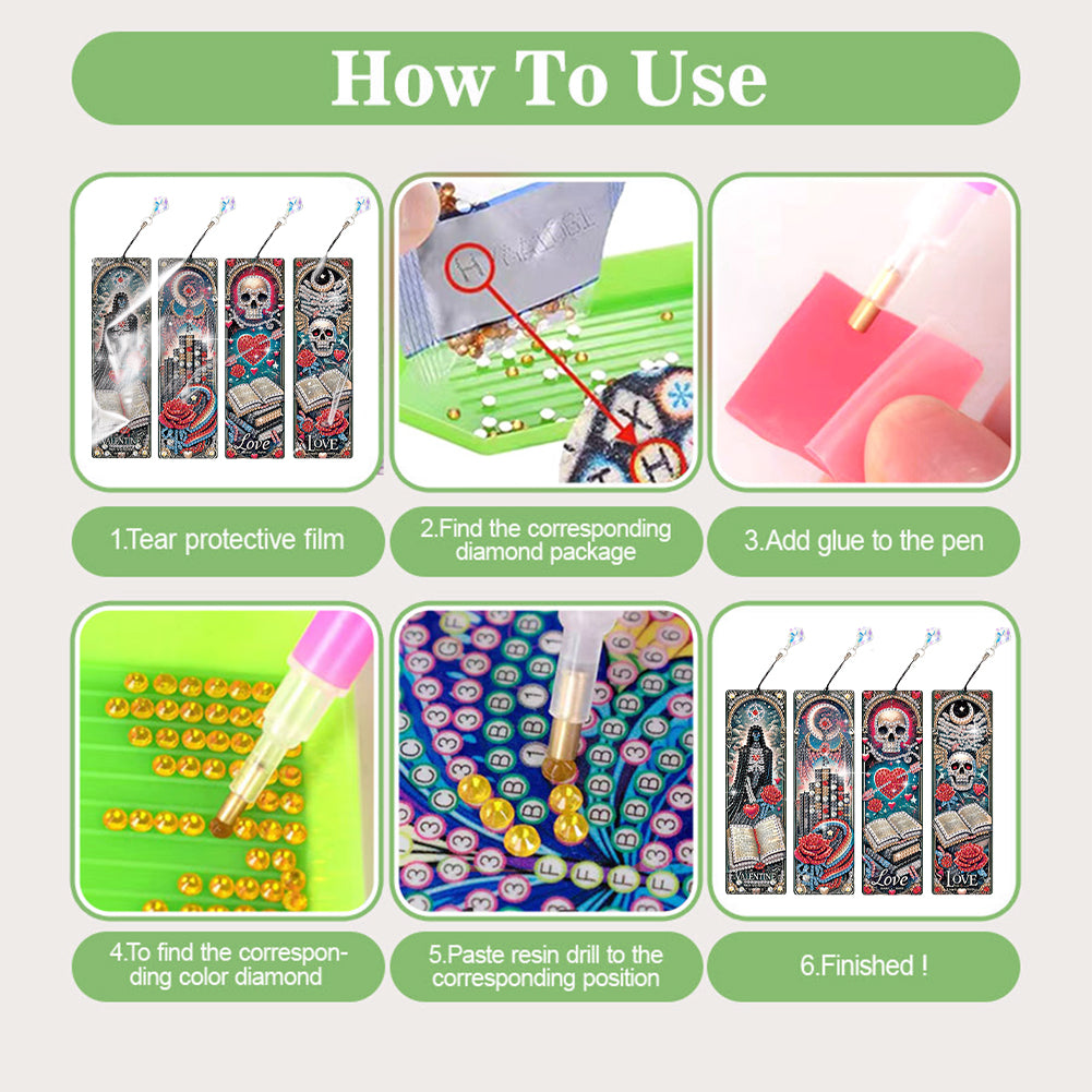 4Pcs Halloween Themed DIY Diamond Painting Bookmark for Reading Enthusiasts