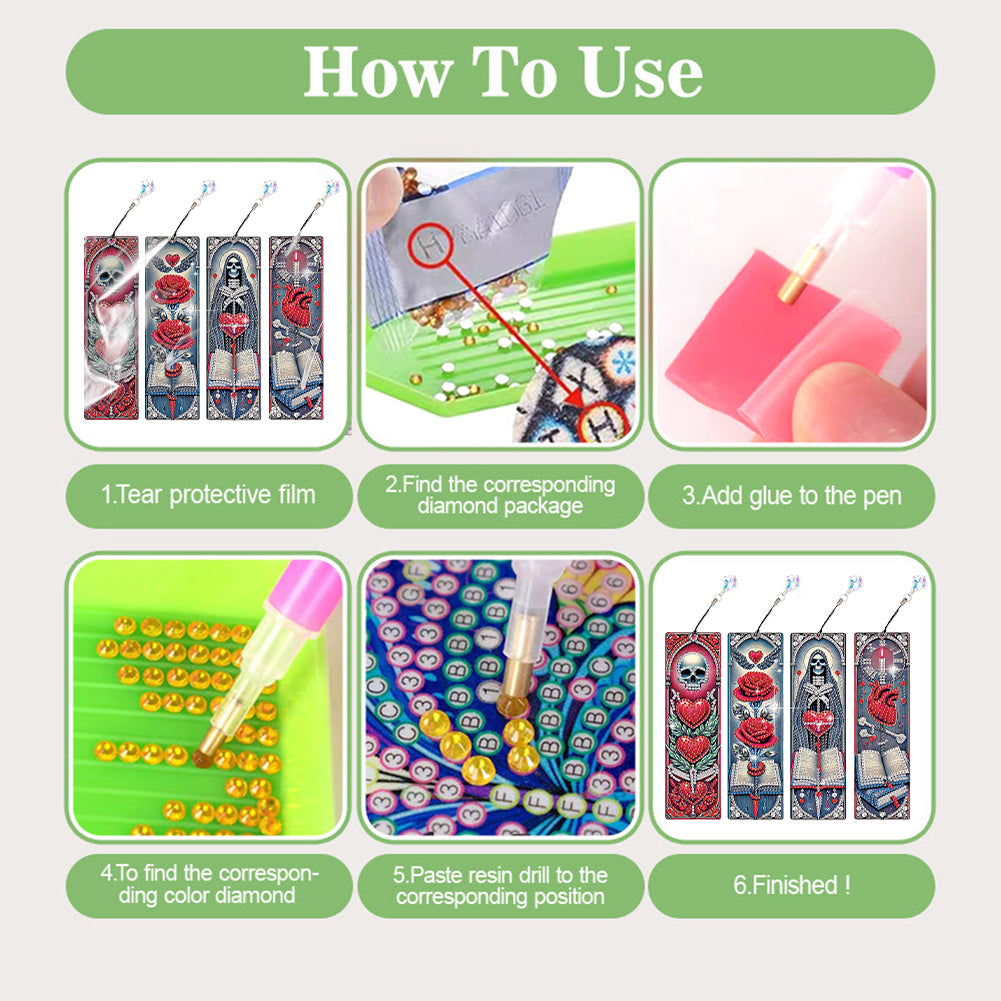 4Pcs Halloween Themed DIY Diamond Painting Bookmark for Reading Enthusiasts
