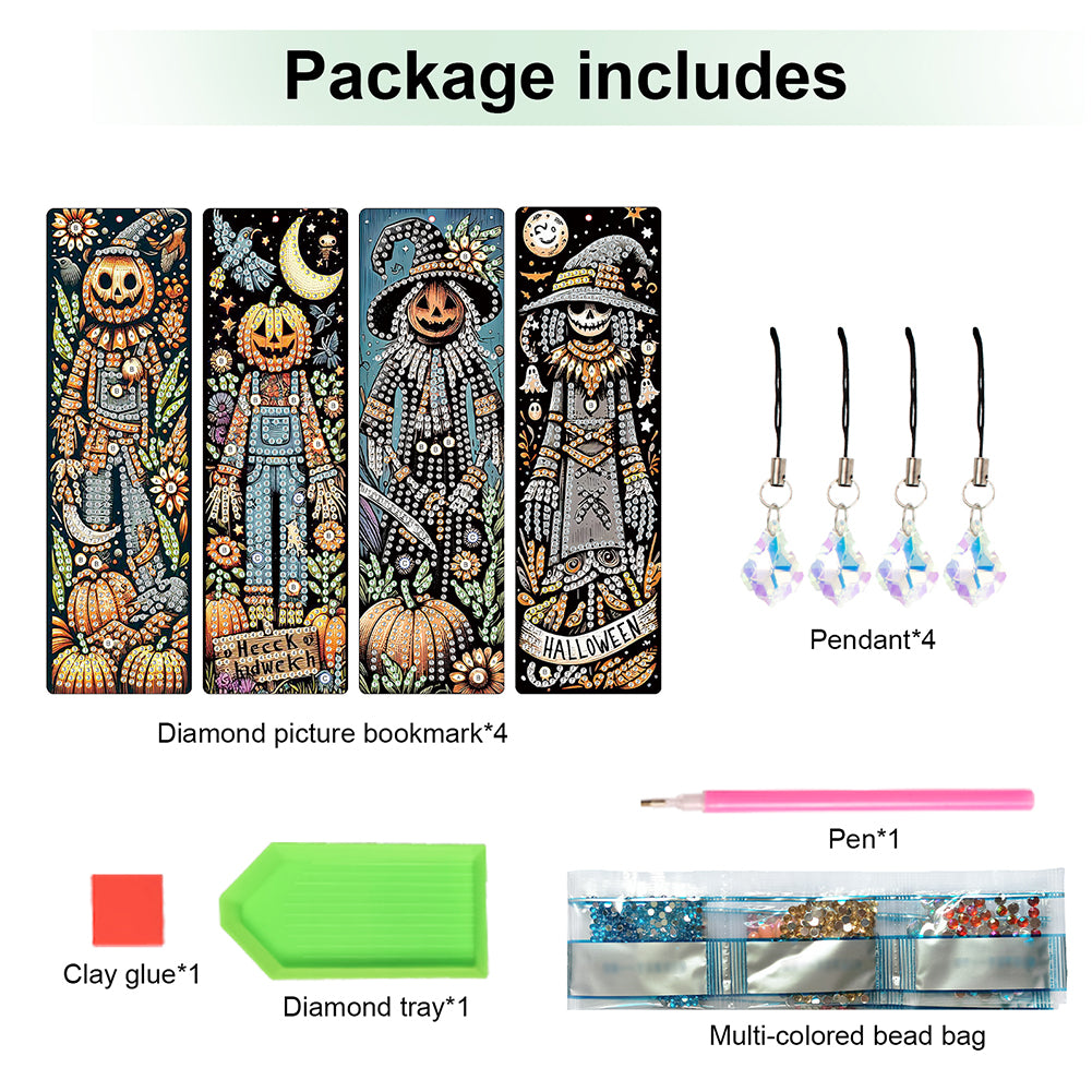4Pcs Halloween Themed DIY Diamond Painting Bookmark for Reading Enthusiasts