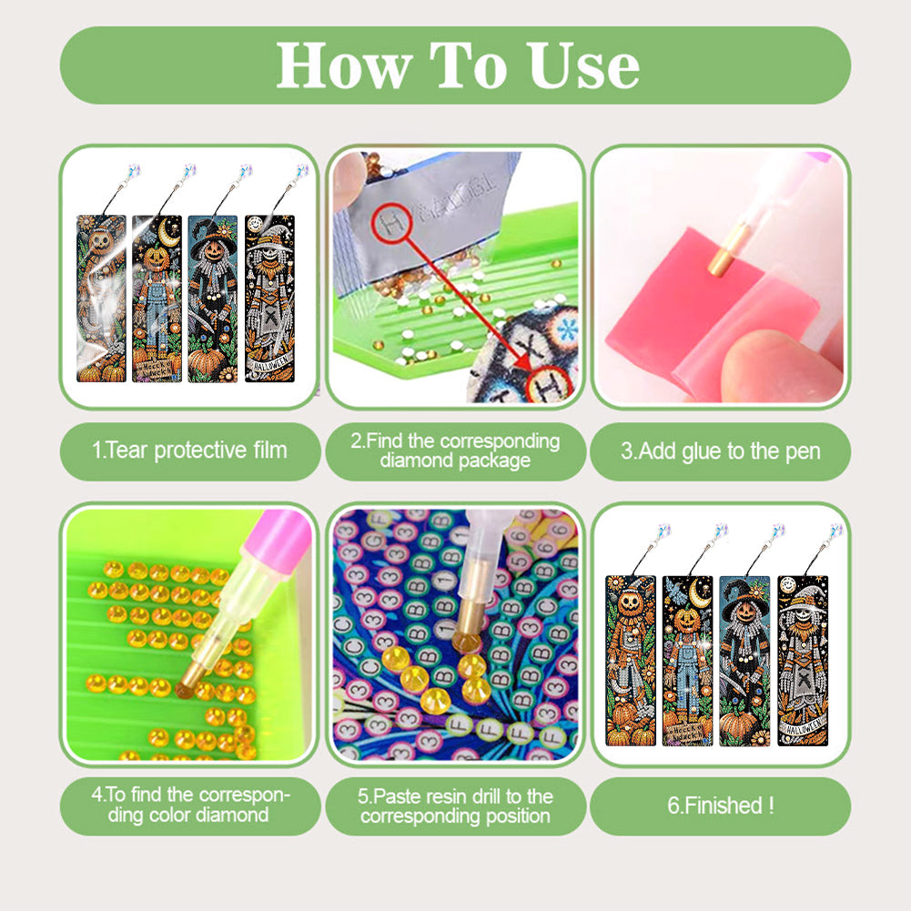 4Pcs Halloween Themed DIY Diamond Painting Bookmark for Reading Enthusiasts