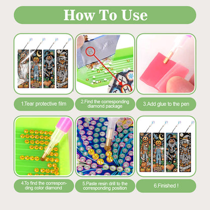 4Pcs Halloween Themed DIY Diamond Painting Bookmark for Reading Enthusiasts