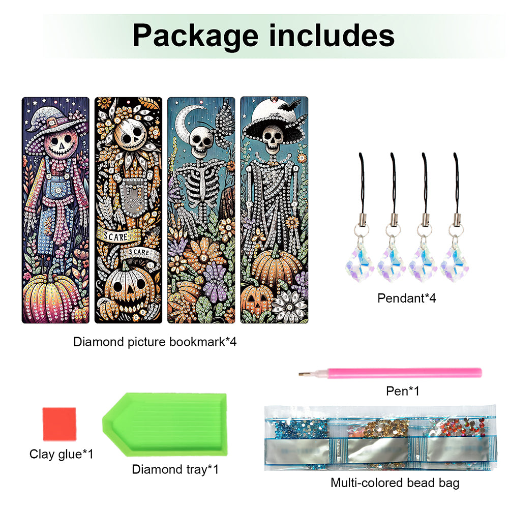 4Pcs Halloween Themed DIY Diamond Painting Bookmark for Reading Enthusiasts