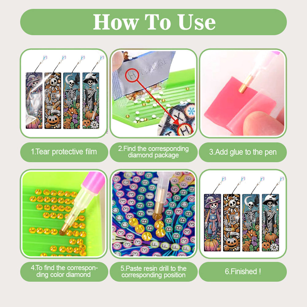 4Pcs Halloween Themed DIY Diamond Painting Bookmark for Reading Enthusiasts