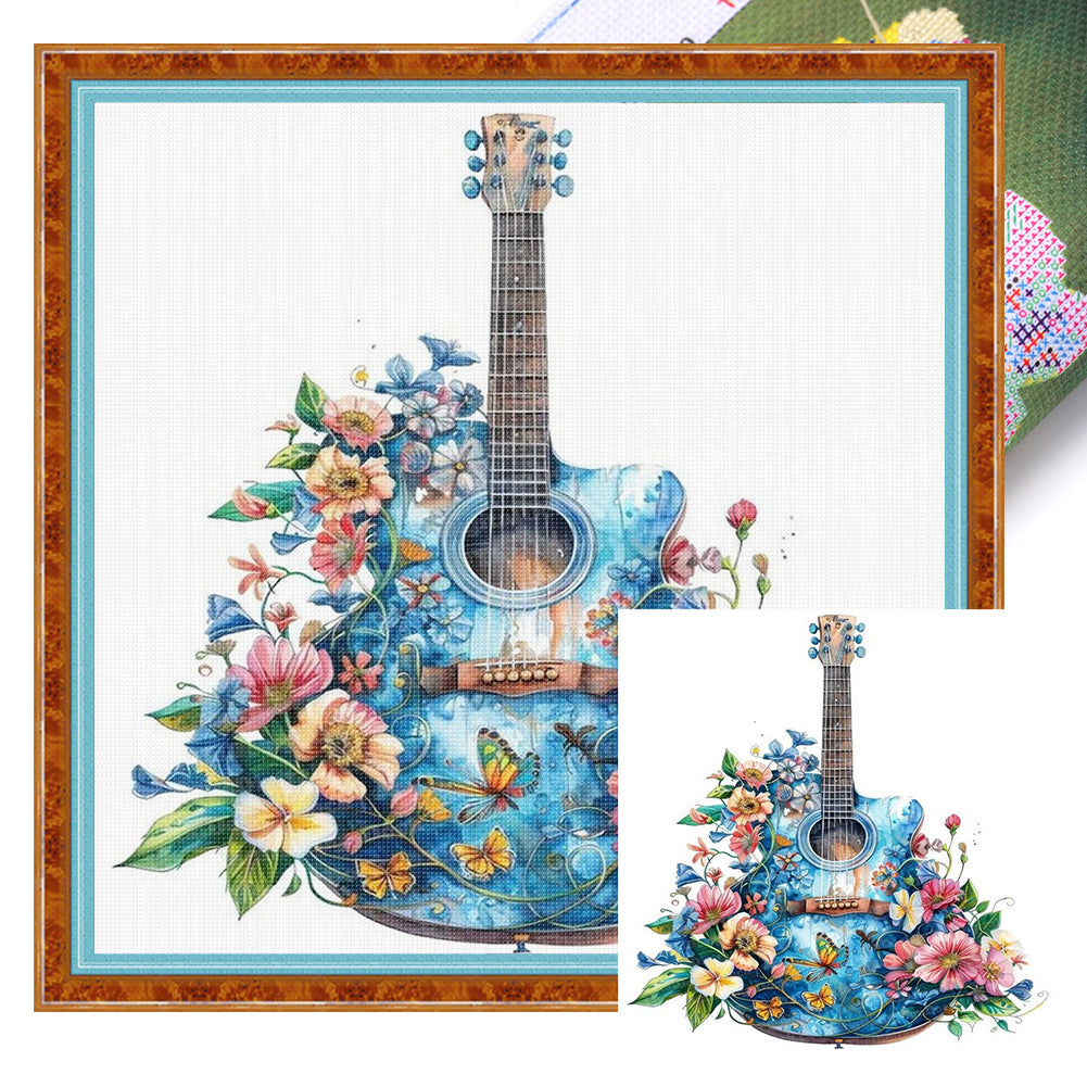 Flower Guitar - 18CT Stamped Cross Stitch 25*25CM