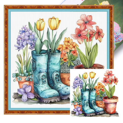 Flowers In Boots - 18CT Stamped Cross Stitch 25*25CM