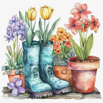 Flowers In Boots - 18CT Stamped Cross Stitch 25*25CM