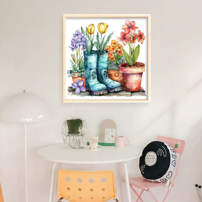 Flowers In Boots - 18CT Stamped Cross Stitch 25*25CM