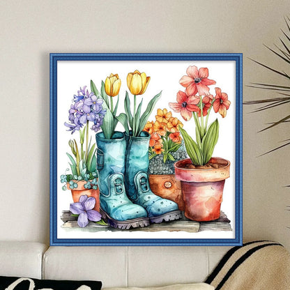 Flowers In Boots - 18CT Stamped Cross Stitch 25*25CM