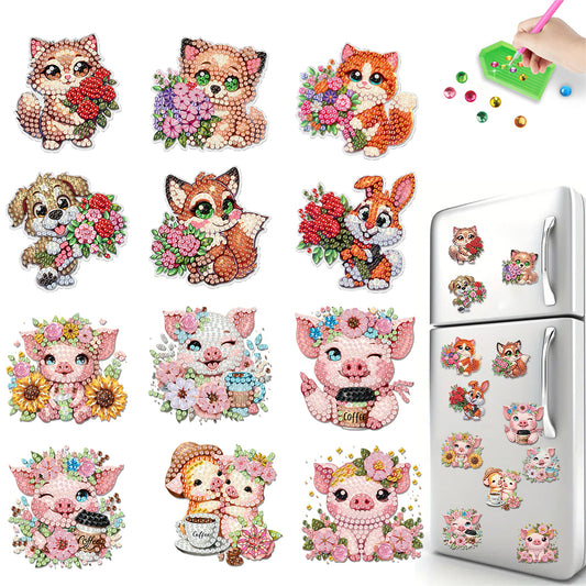 12PCS 2D Flat DIY Magnetic Refrigerator Stickers Diamond Art Kits for Home Decor