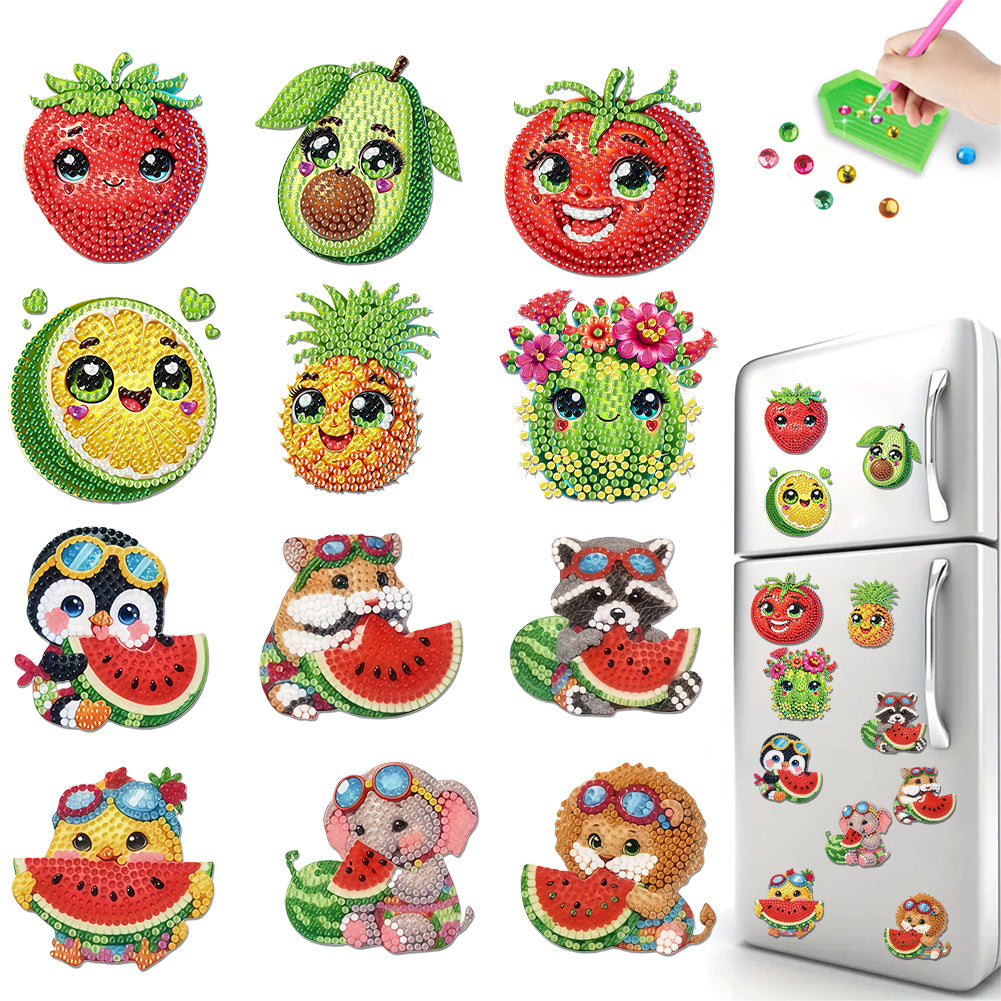 12PCS 2D Flat DIY Magnetic Refrigerator Stickers Diamond Art Kits for Home Decor