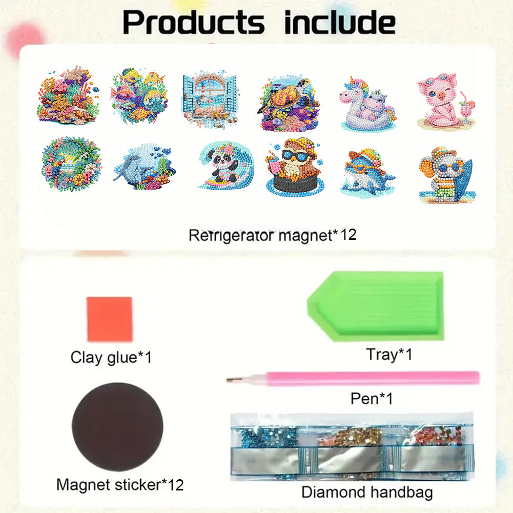 12PCS 2D Flat DIY Magnetic Refrigerator Stickers Diamond Art Kits for Home Decor