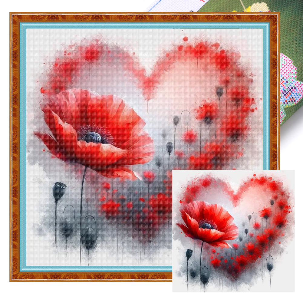 Love Heart Poppy - 11CT Stamped Cross Stitch 40*40CM