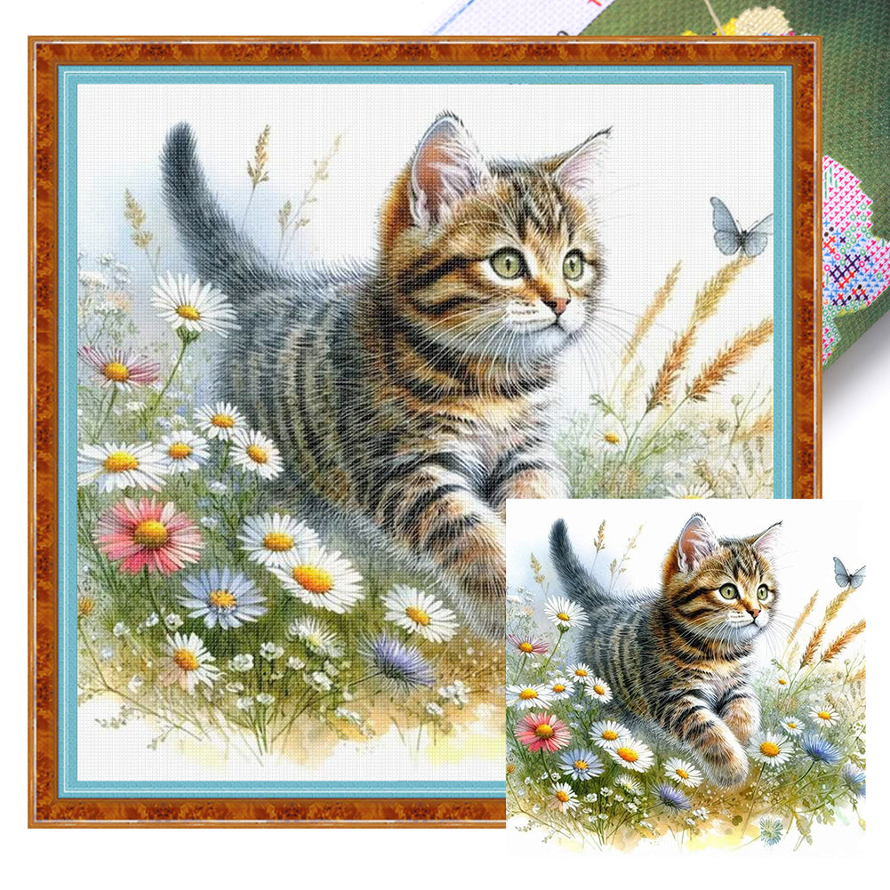 Cat With Flowers - 11CT Stamped Cross Stitch 40*40CM