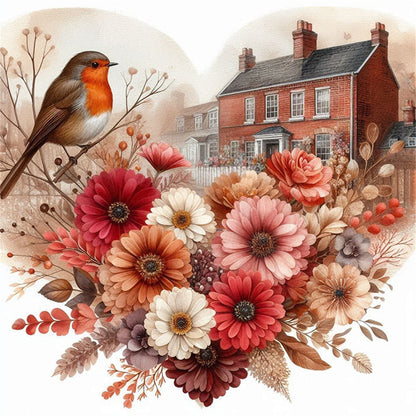 Robin With Heart Flowers - 11CT Stamped Cross Stitch 40*40CM
