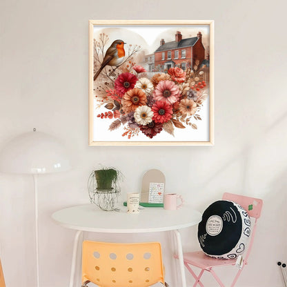 Robin With Heart Flowers - 11CT Stamped Cross Stitch 40*40CM