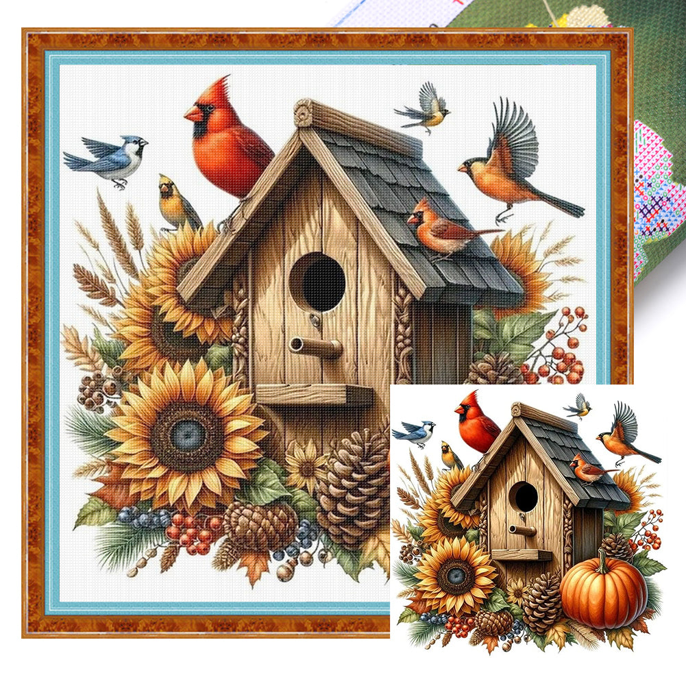 Red Bird Pumpkin Cottage - 11CT Stamped Cross Stitch 40*40CM