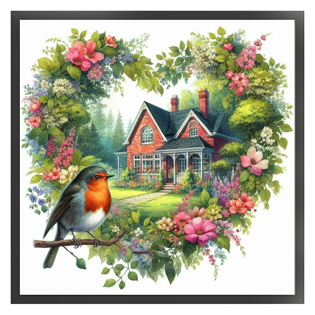 Robin With Heart Flowers - 11CT Stamped Cross Stitch 40*40CM